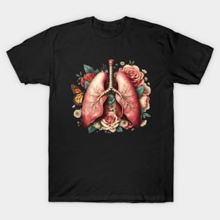 lungs cancer awareness, bloom roses floral, anatomy, watercolor, vintage style T-Shirt